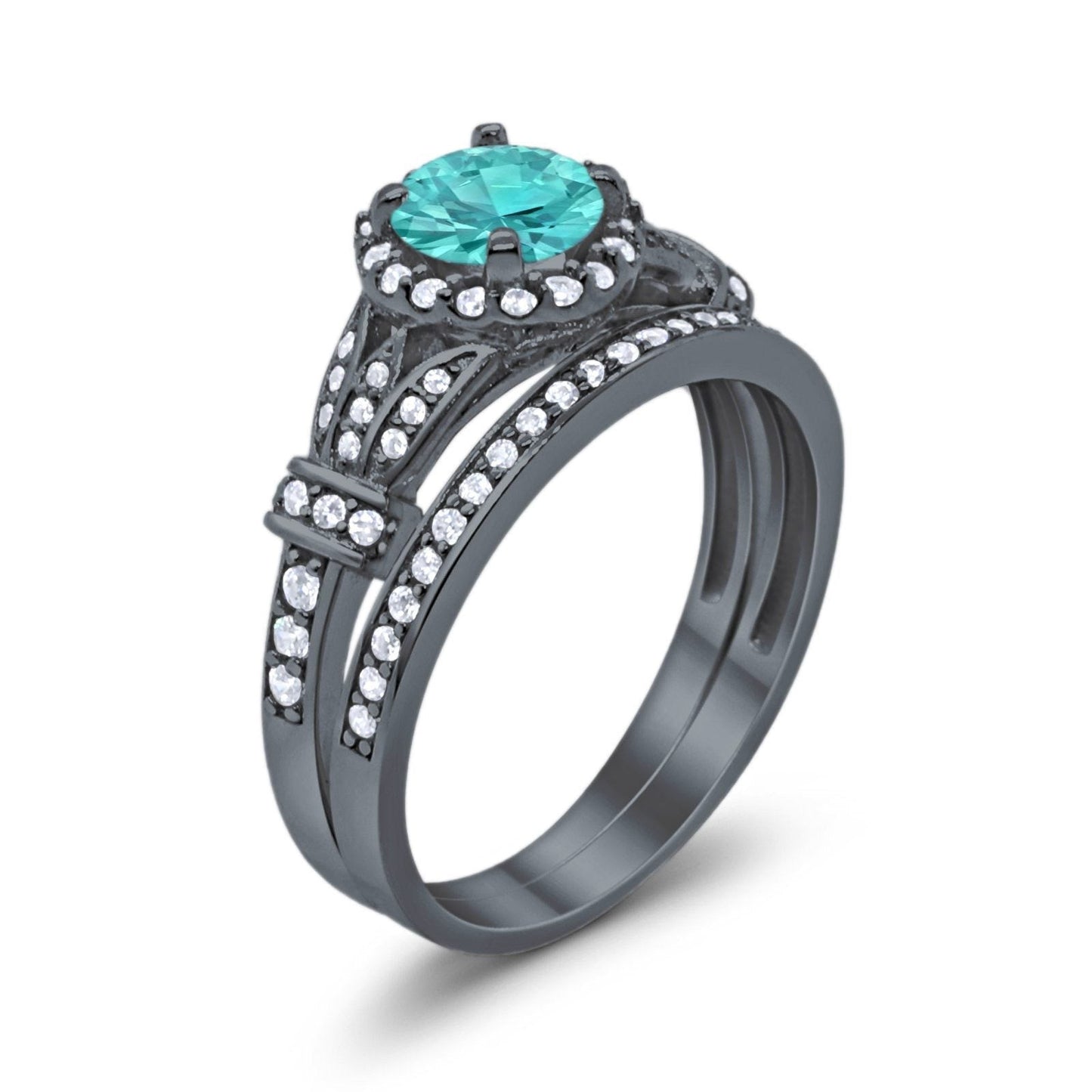 Two Piece Wedding Promise Ring Black Tone, Simulated Paraiba Tourmaline CZ