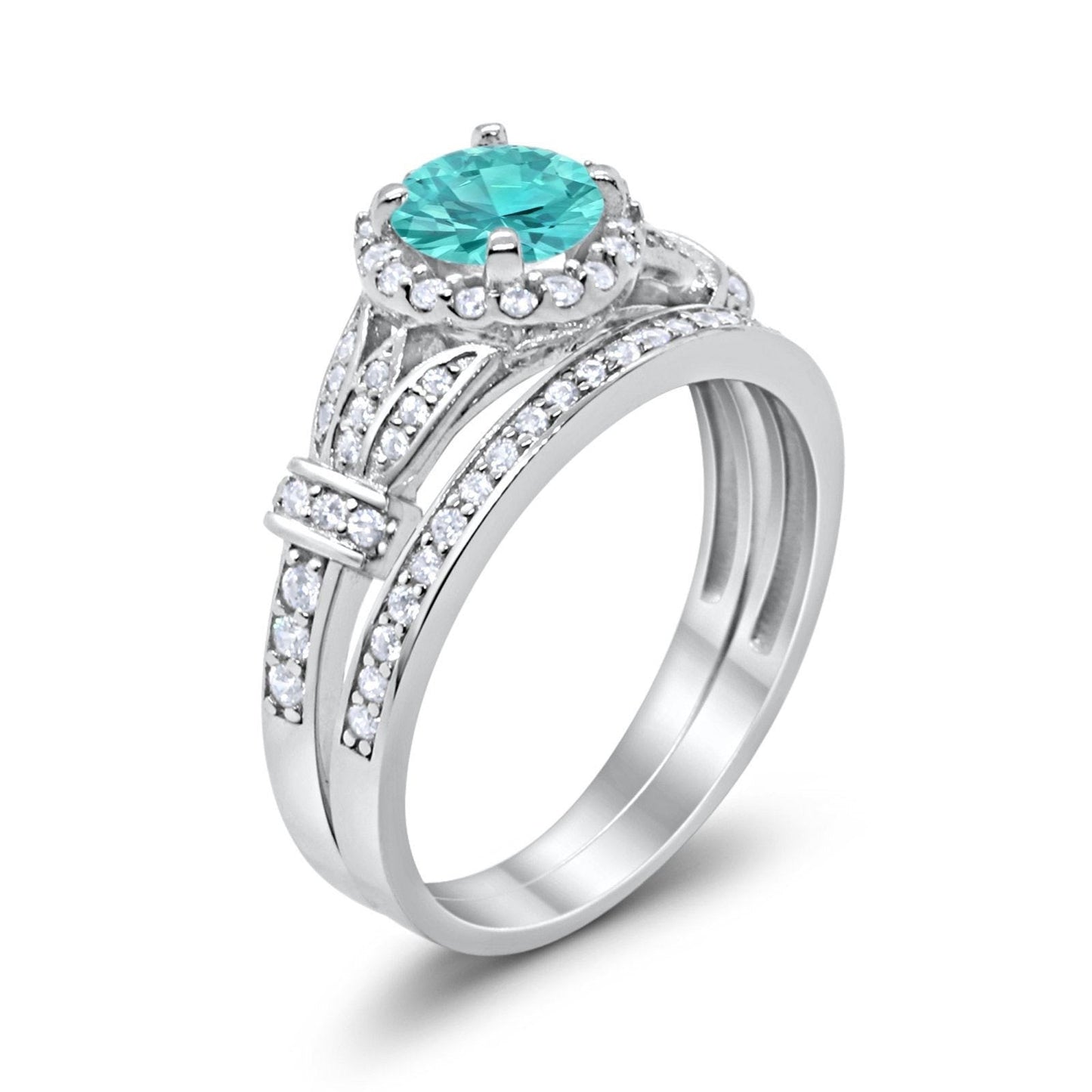 Two Piece Wedding Promise Ring Simulated Paraiba Tourmaline CZ