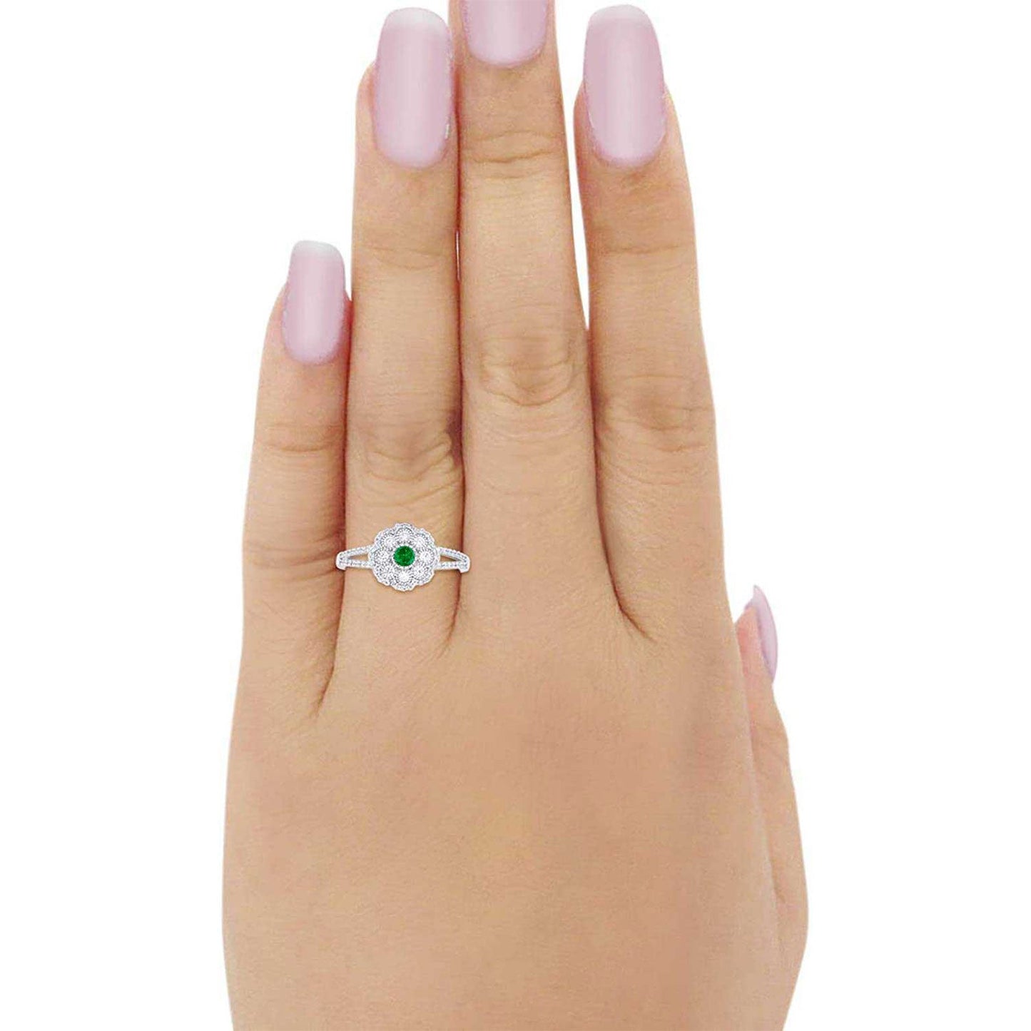 Antique Style Engagement Ring Round Simulated Green Emerald CZ