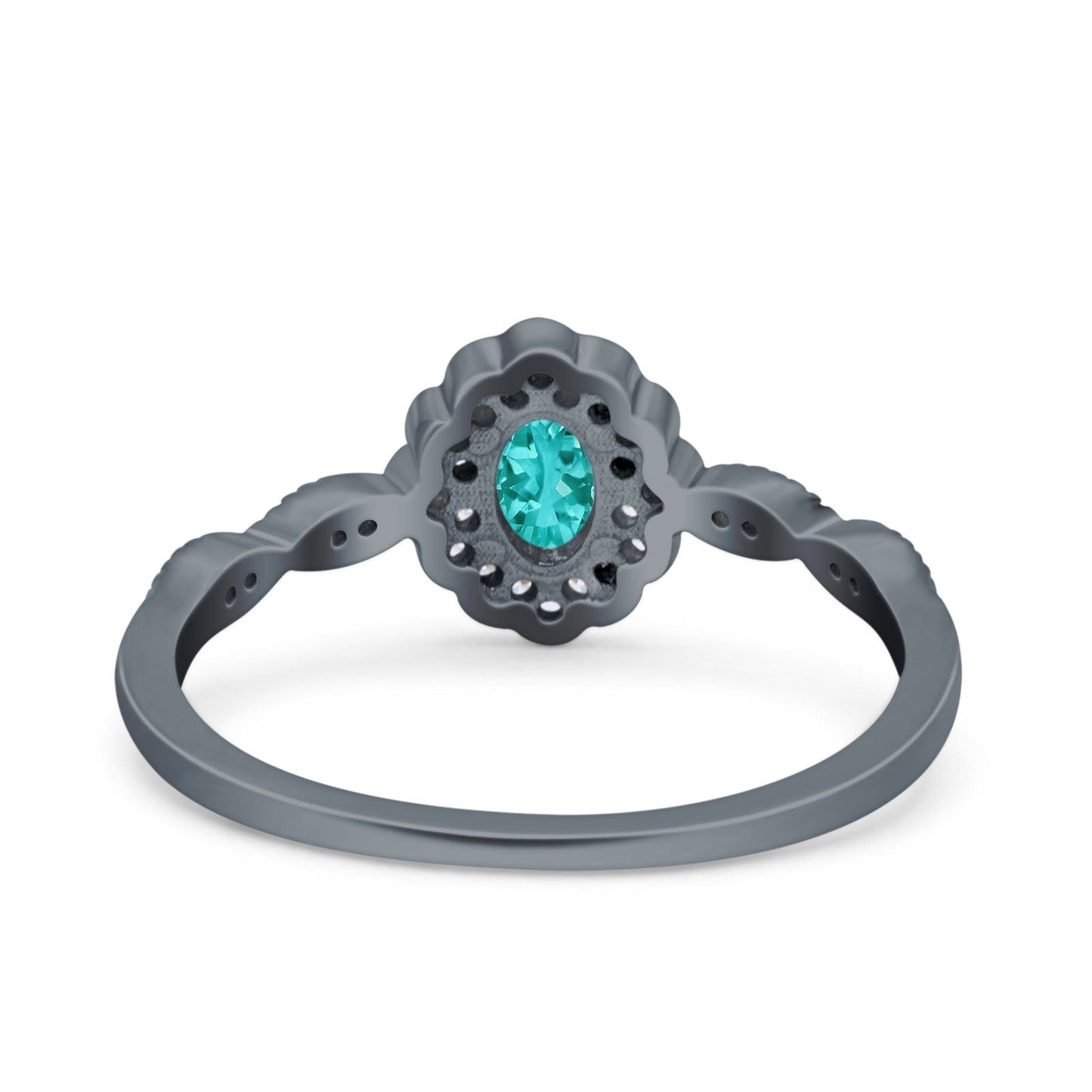 Halo Art Deco Oval Engagement Ring Black Tone, Simulated Paraiba Tourmaline CZ