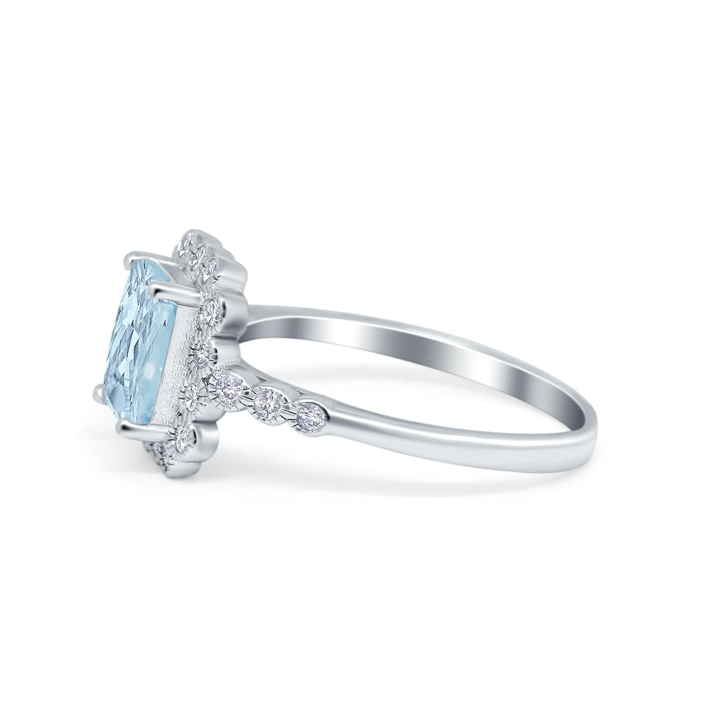 Halo Radiant Cut Wedding Ring Simulated Aquamarine CZ