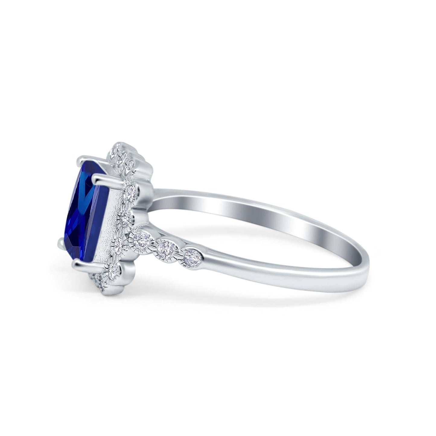 Halo Radiant Cut Wedding Ring Simulated Blue Sapphire CZ