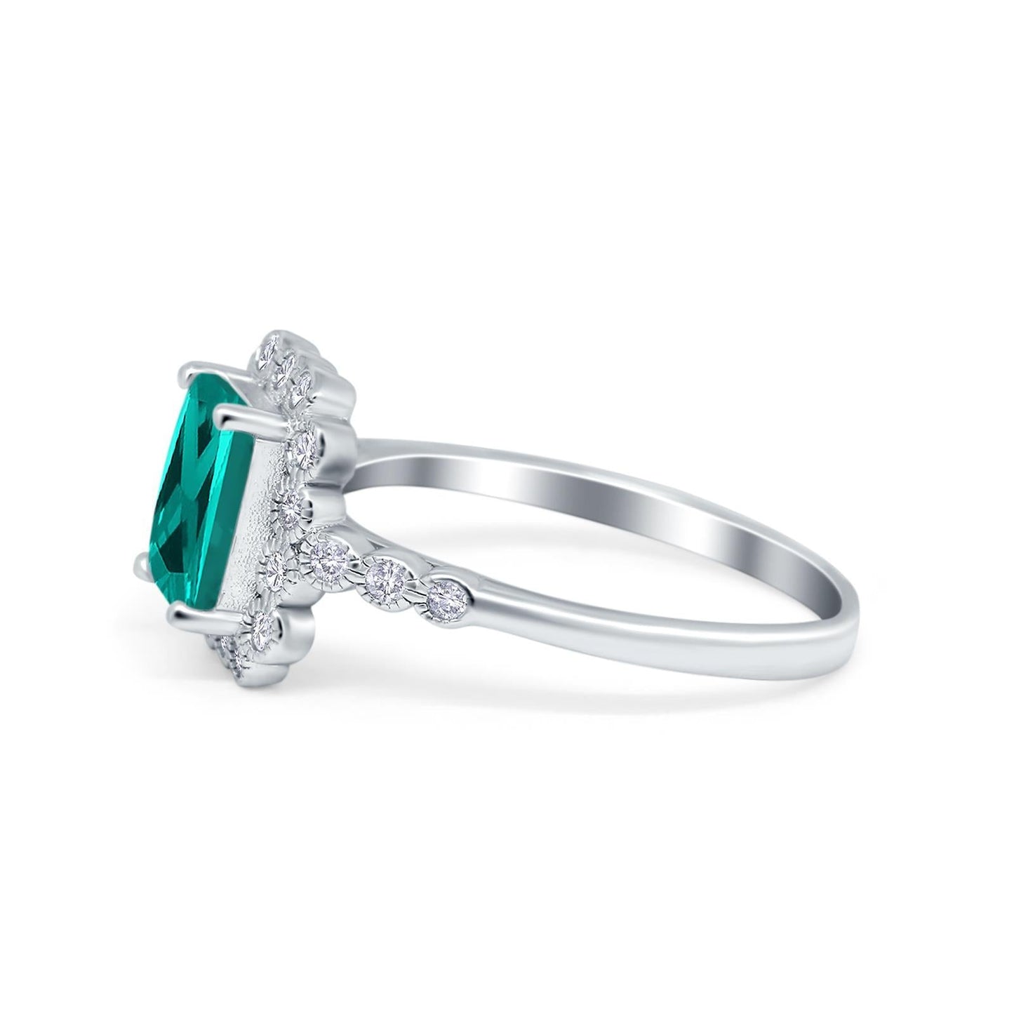 Halo Radiant Cut Wedding Ring Simulated Paraiba Tourmaline CZ