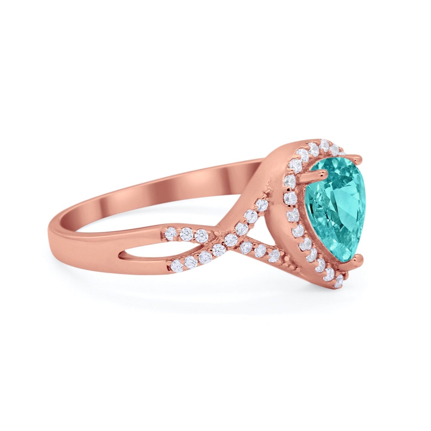 Teardrop Rose Tone, Simulated Paraiba Tourmaline CZ Wedding Ring