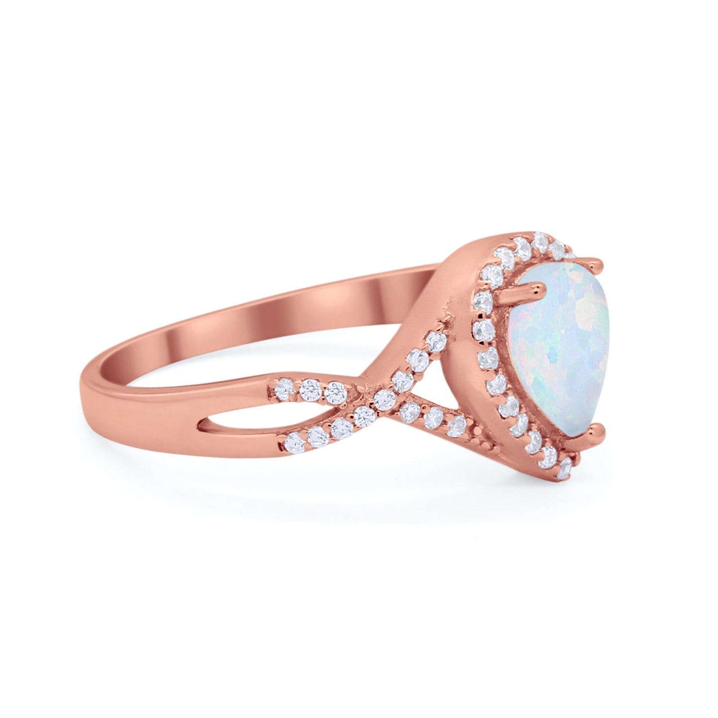 Teardrop Wedding Promise Ring Infinity Round Rose Tone, Lab White Opal