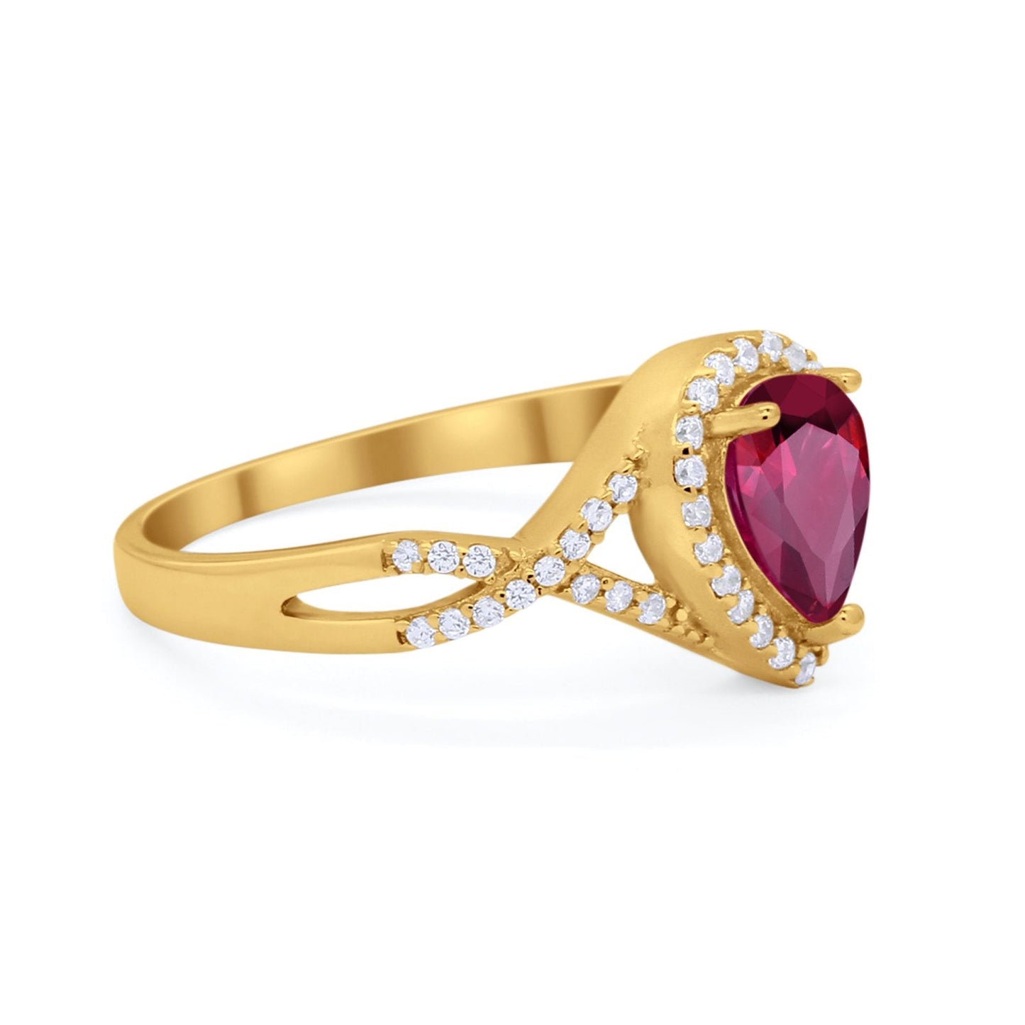 Teardrop Infinity Yellow Tone, Simulated Ruby CZ Wedding Ring