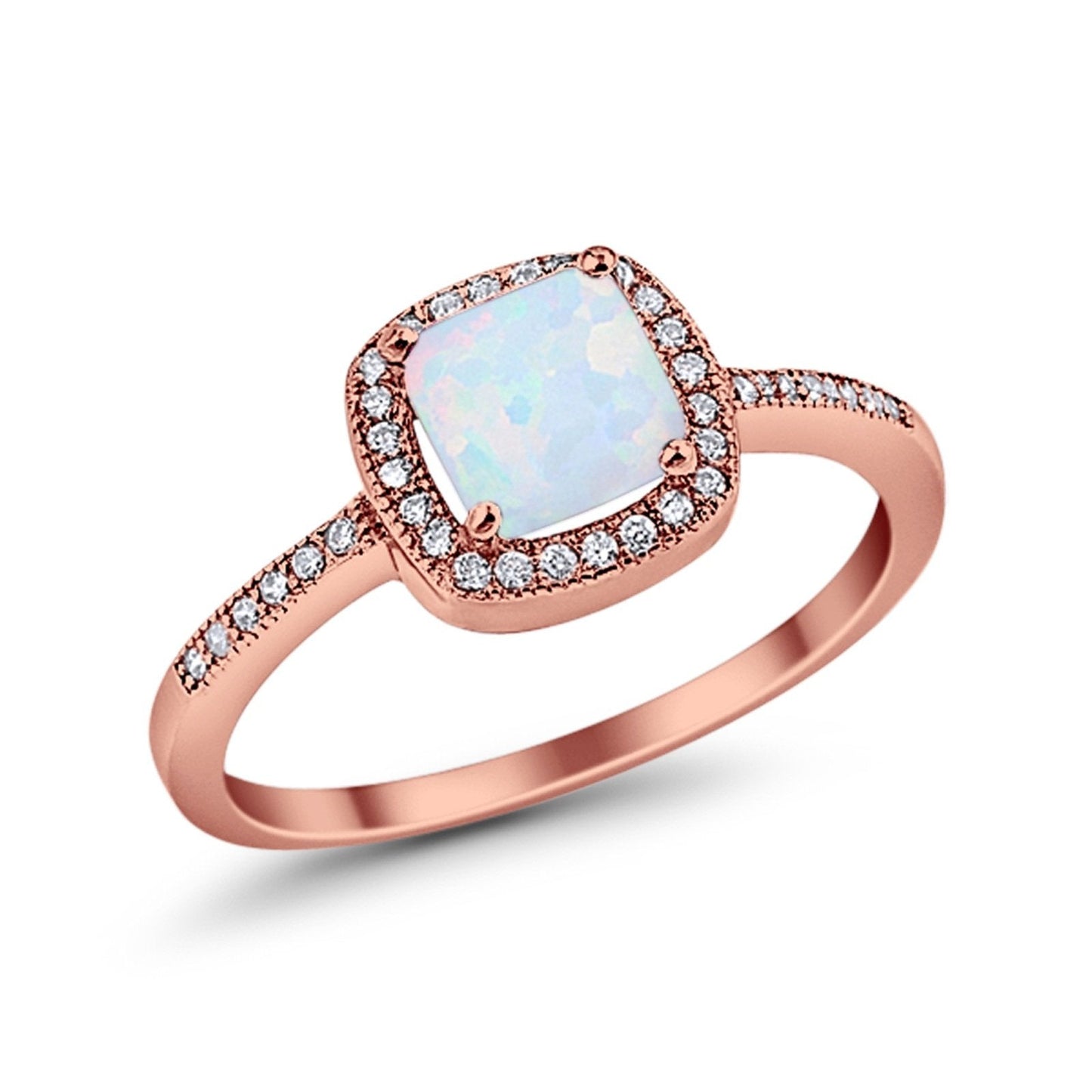 Halo Accent Engagement Ring Rose Tone, Lab Created White Opal