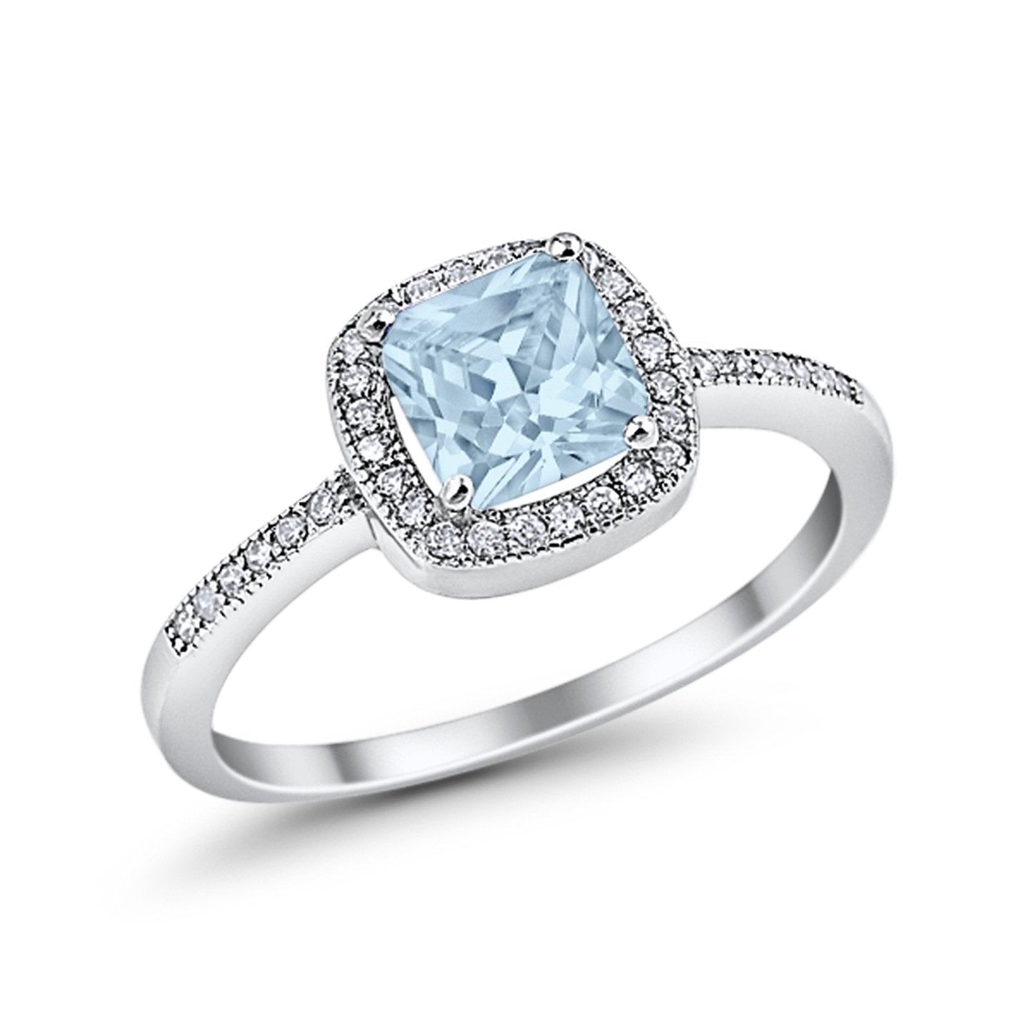 Halo Accent Simulated Aquamarine CZ Engagement Ring