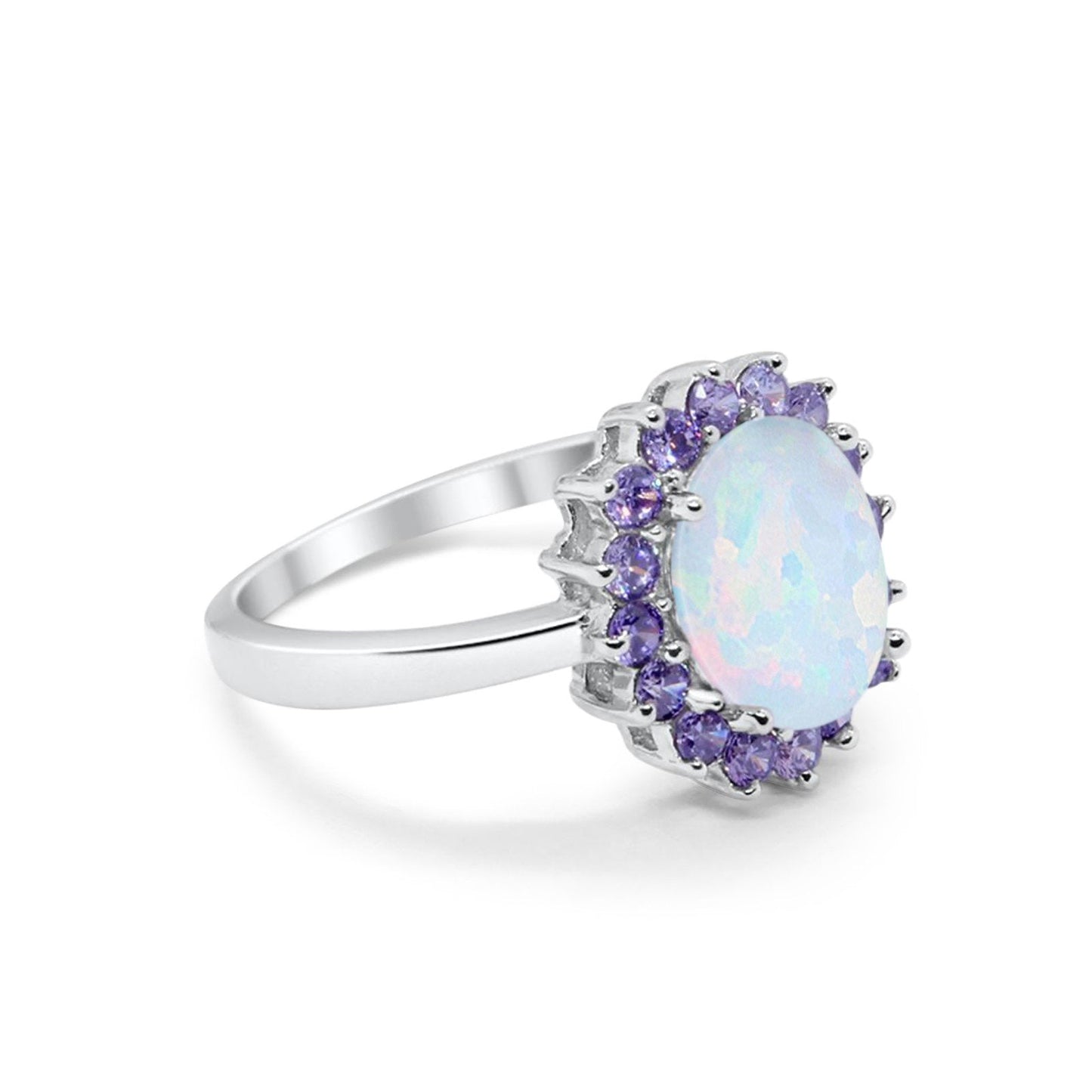 Halo Ring Simulated Amethyst Oval Lab Created White Opal