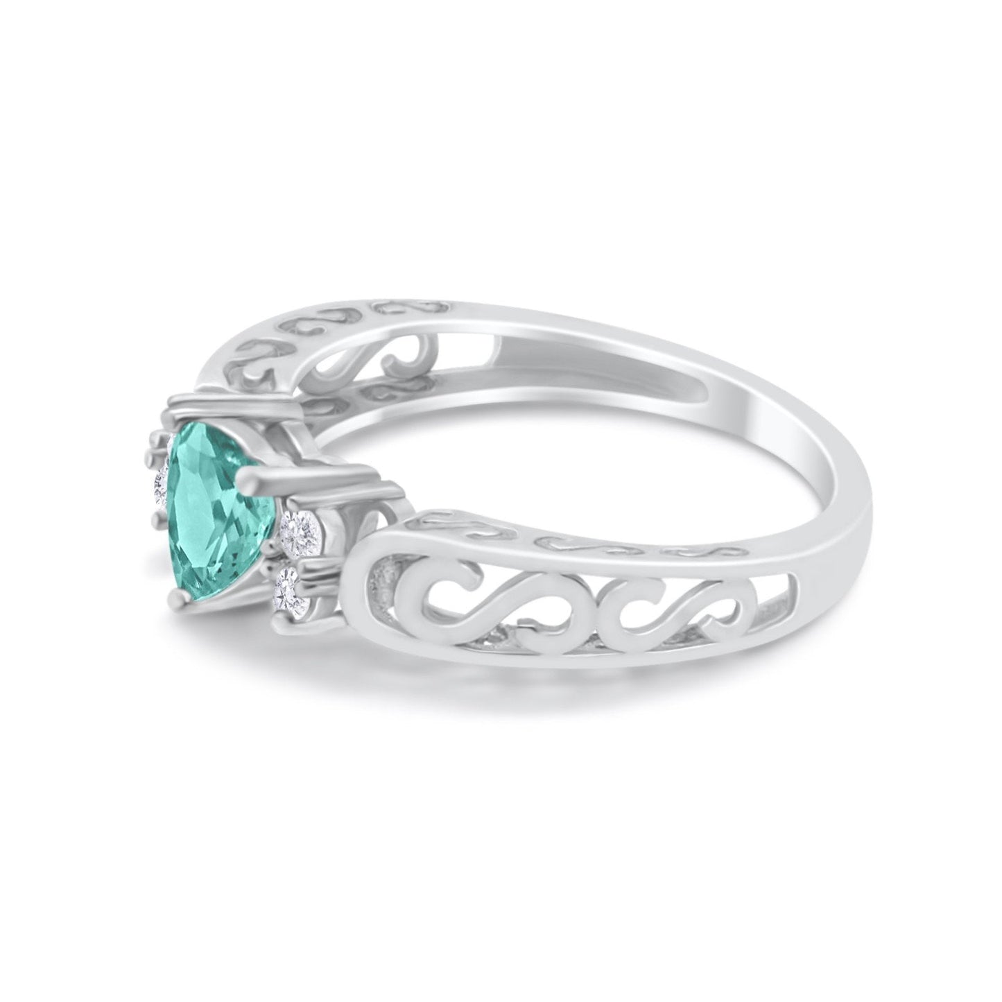 Filigree Heart Promise Wedding Ring Simulated Paraiba Tourmaline CZ