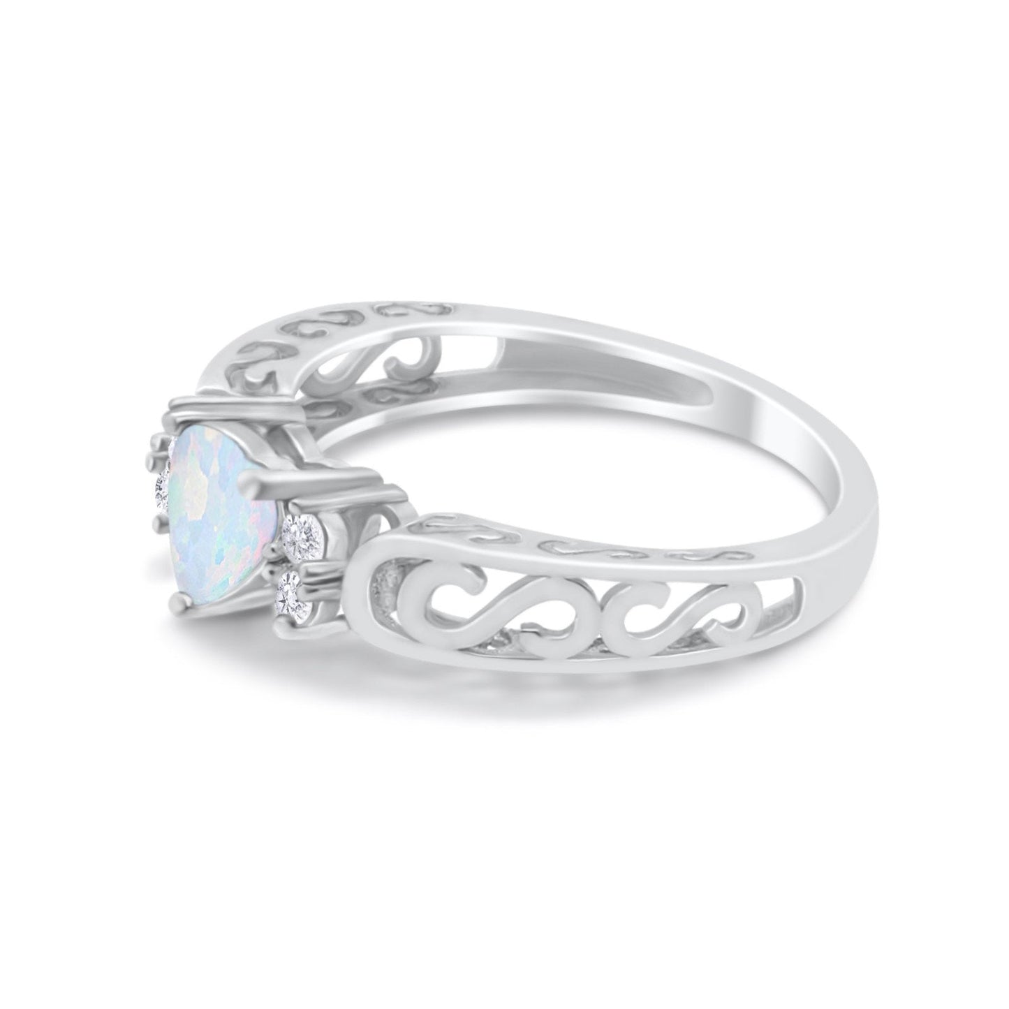 Filigree Heart Promise Wedding Ring Lab Created White Opal