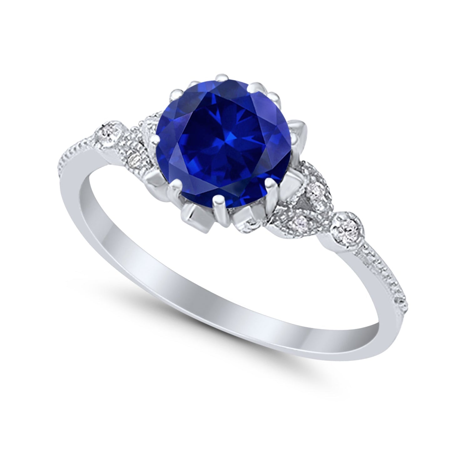 Art Deco Design Fashion Ring Round Simulated Blue Sapphire CZ