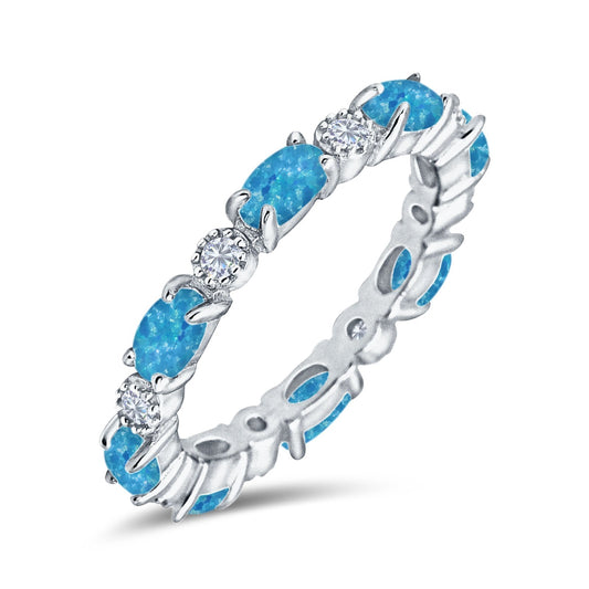 Full Eternity Stackable Band Ring Oval Lab Created Blue Opal