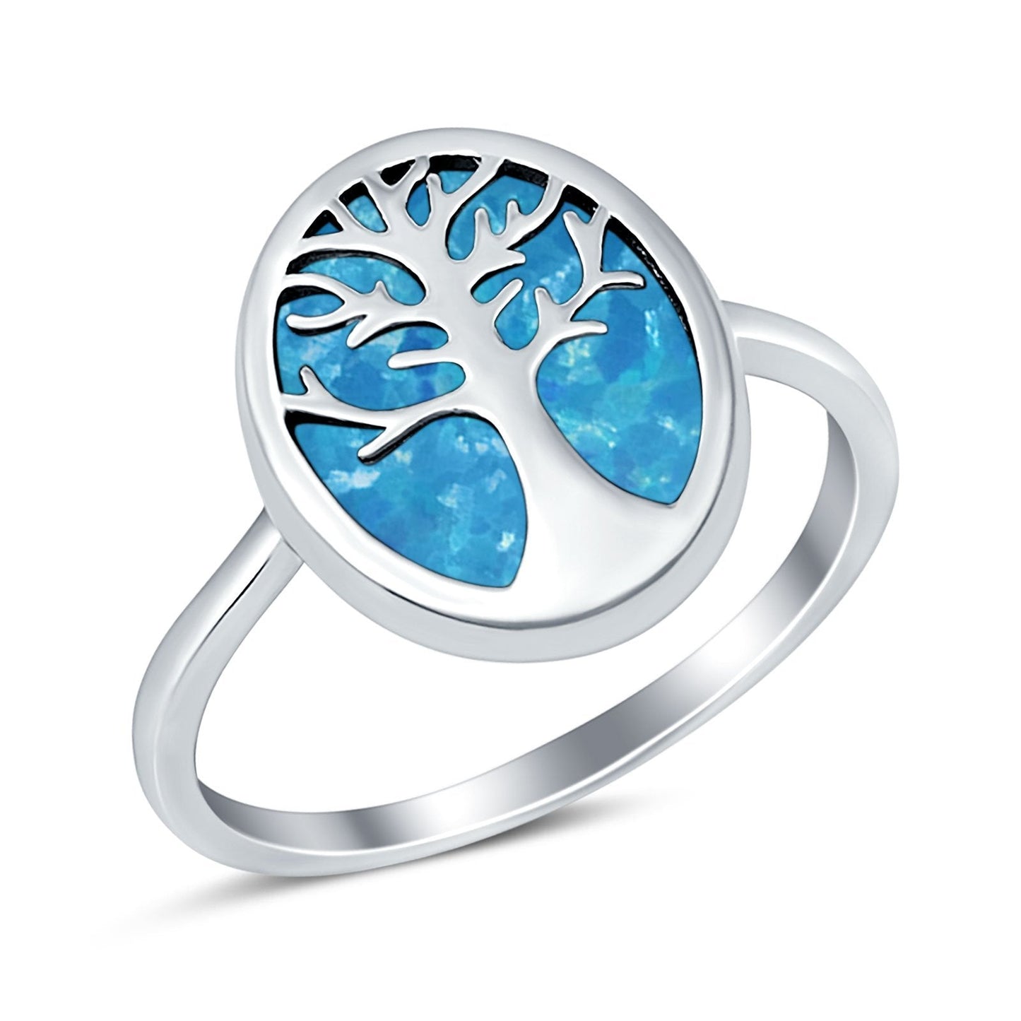 Oval Lab Created Blue Opal Tree Of Life Ring