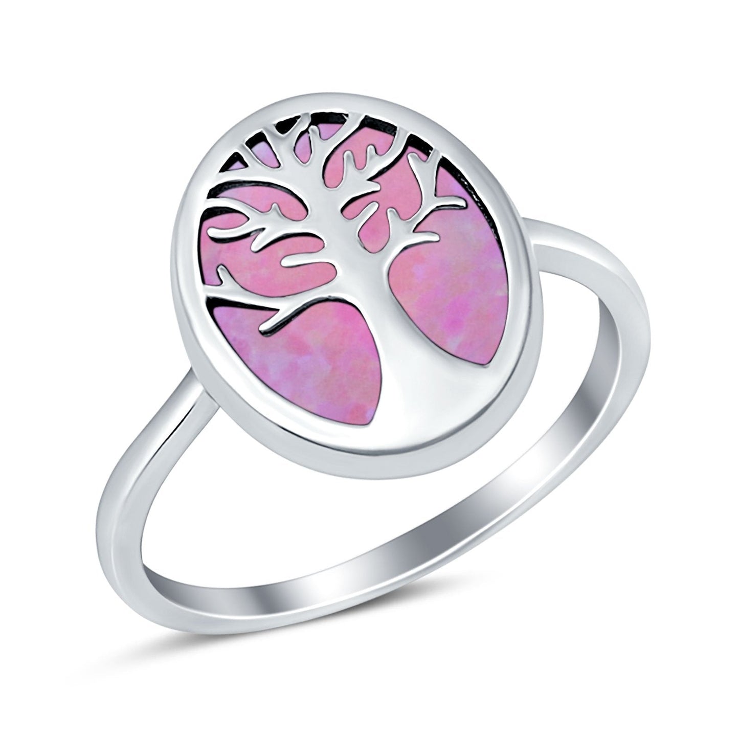 Oval Lab Created Pink Opal Tree Of Life Ring