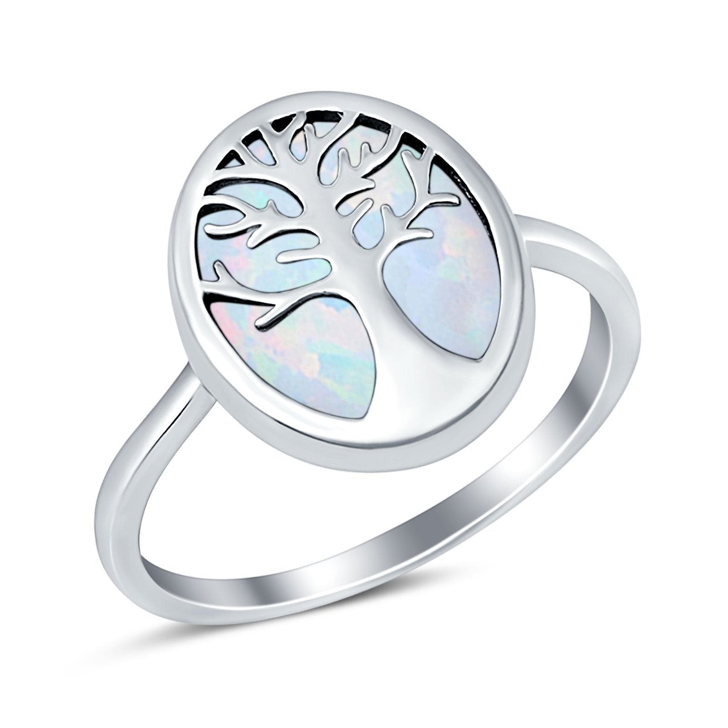 Oval Lab Created White Opal Tree Of Life Ring