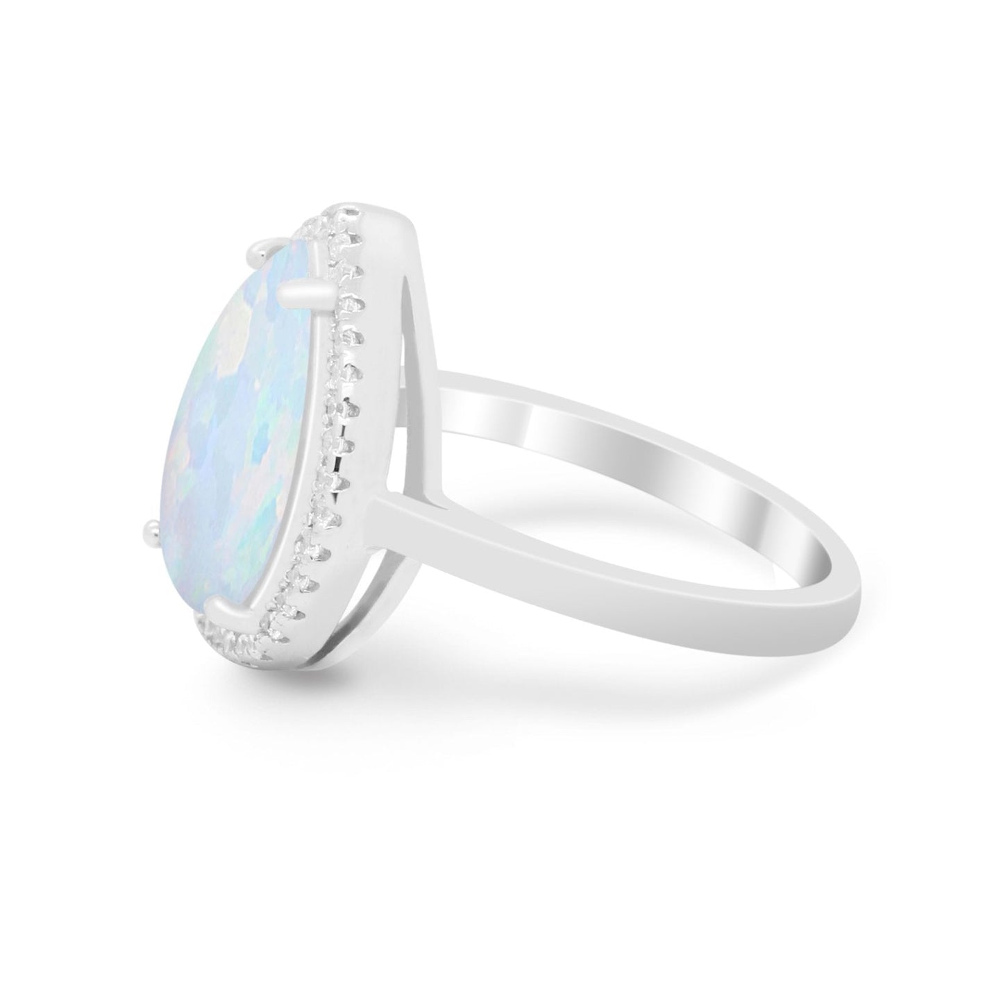 Halo Teardrop Pear Round Lab Created White Opal Wedding Ring