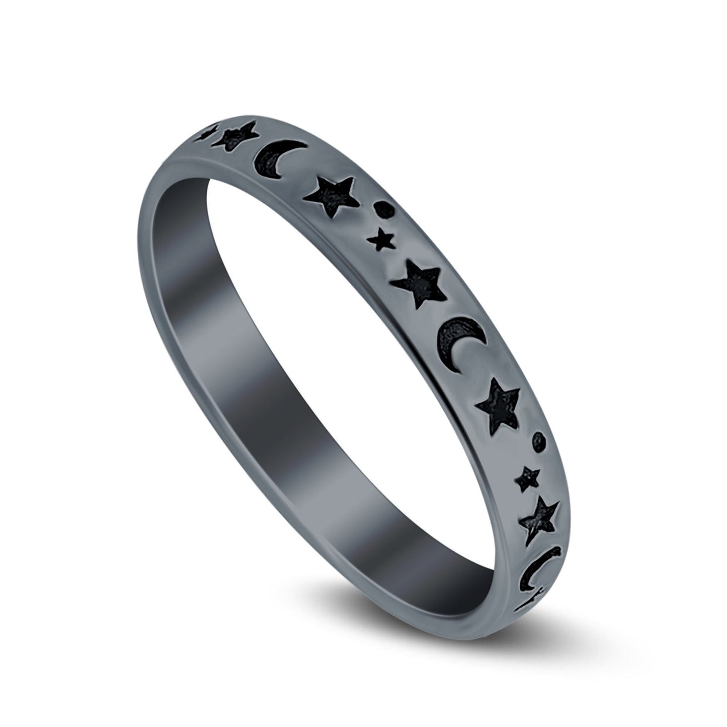 Stars Moon Plain Ring Band Solid Black Tone Round