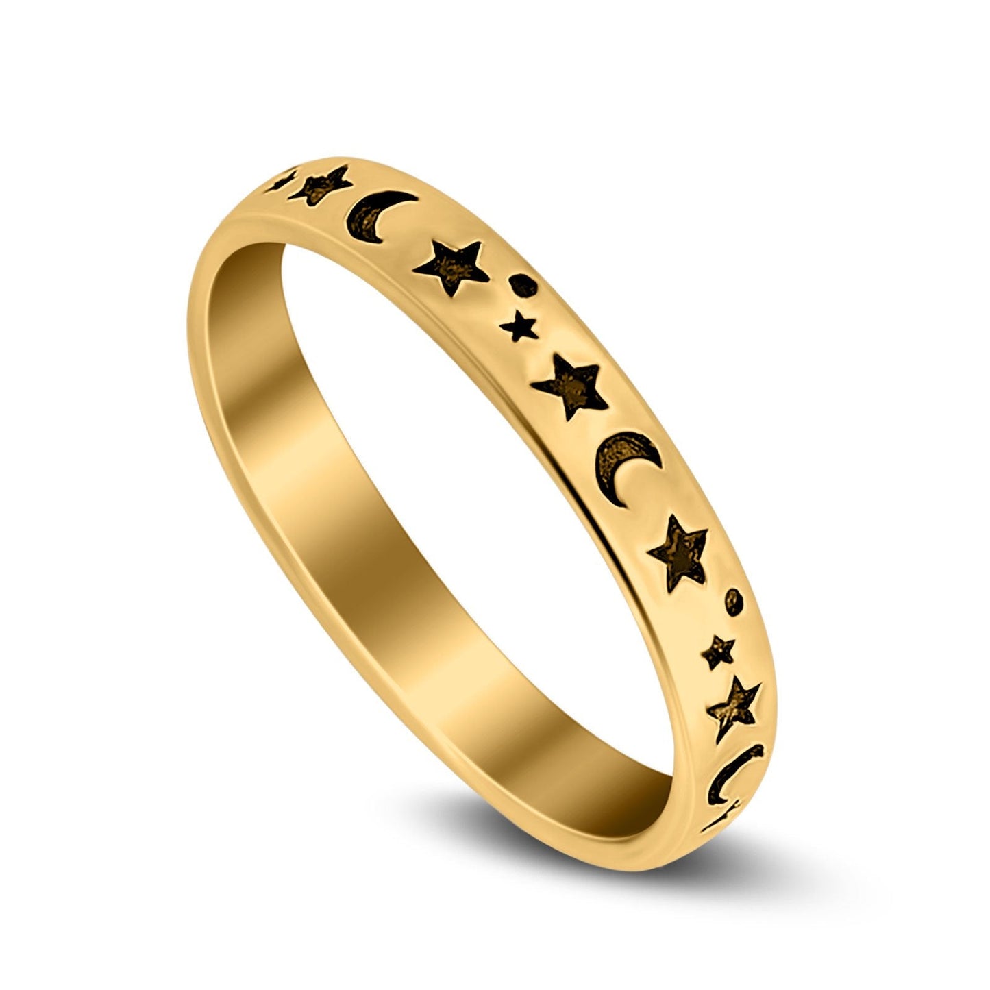 Stars Moon Plain Ring Band Yellow Tone