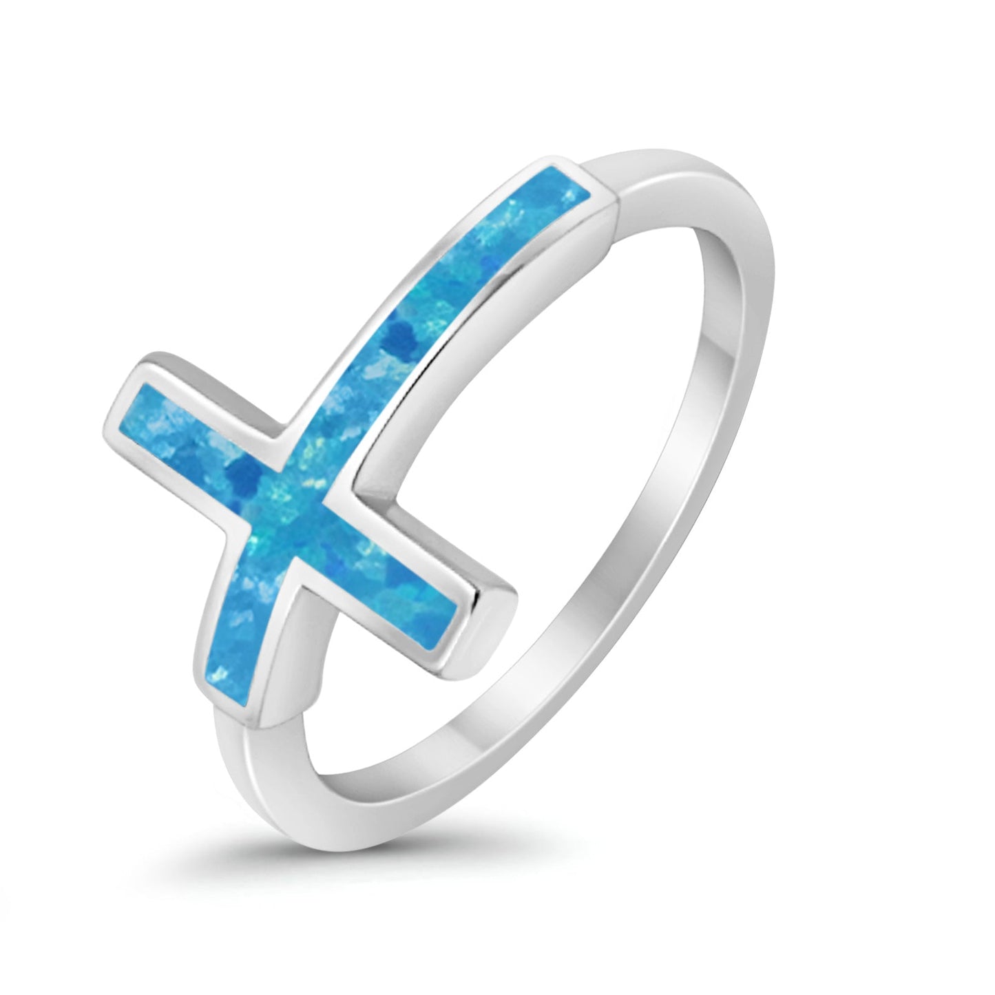 Sideways Cross Rhodium Plated Band Lab Created Blue Opal Ring