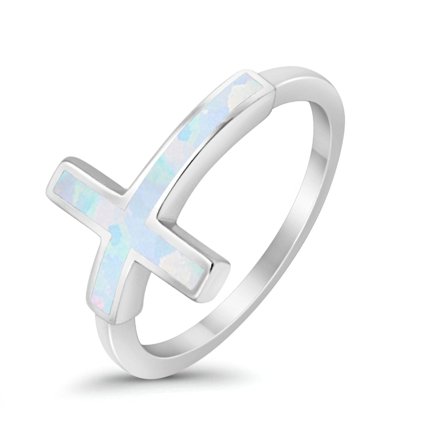 Sideways Cross Ring Rhodium Plated Band Lab Created White Opal (12mm)