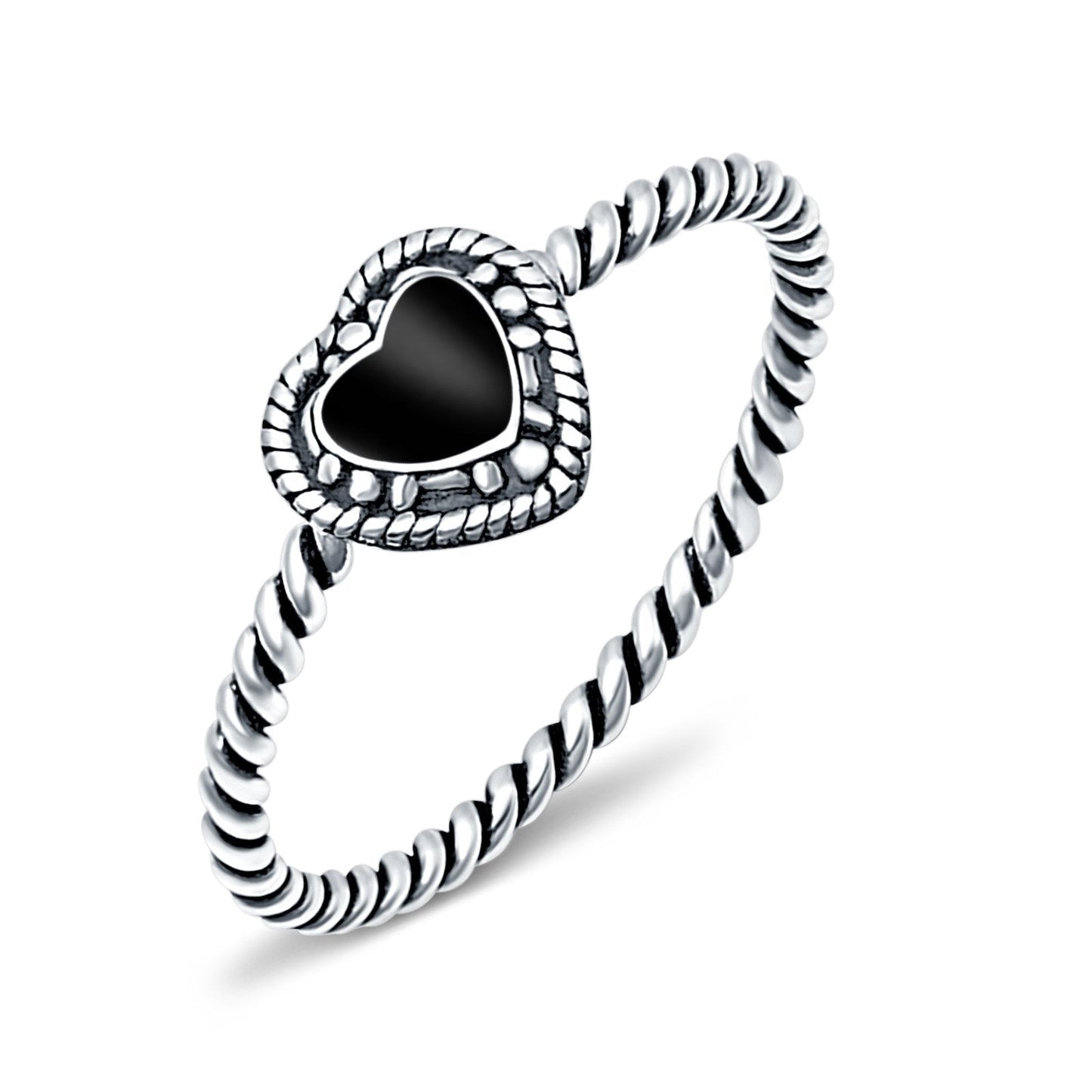 Petite Dainty Heart Promise Ring Band Simulated Black Onyx Oxidized Braided