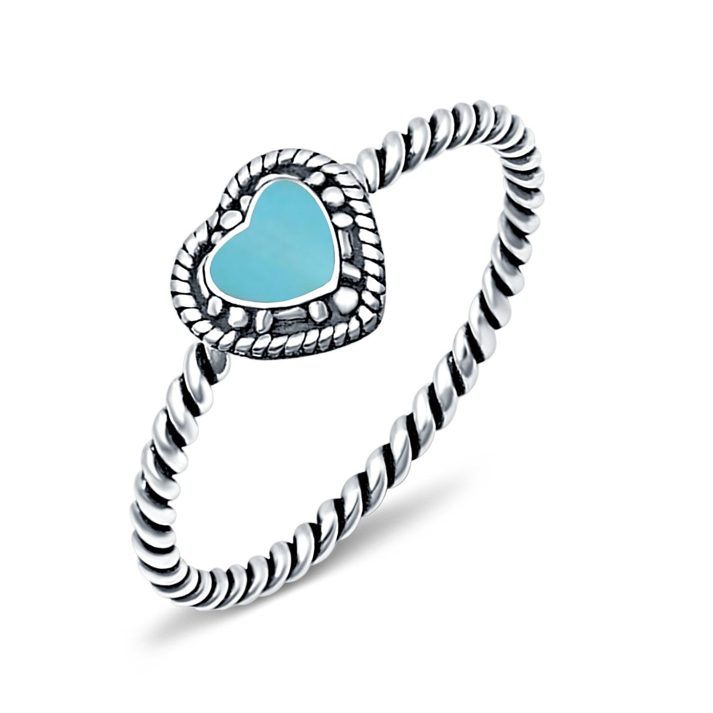 Petite Dainty Heart Promise Ring Band Simulated Turquoise Oxidized Braided