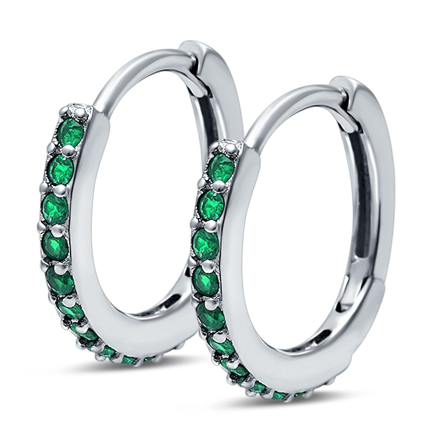 Half Eternity Hoop Earrings Round Simulated Green Emerald CZ (16mm)