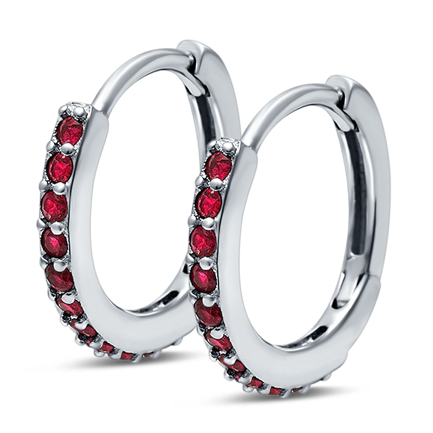 Half Eternity Hoop Earrings Round Simulated Ruby CZ (16mm)