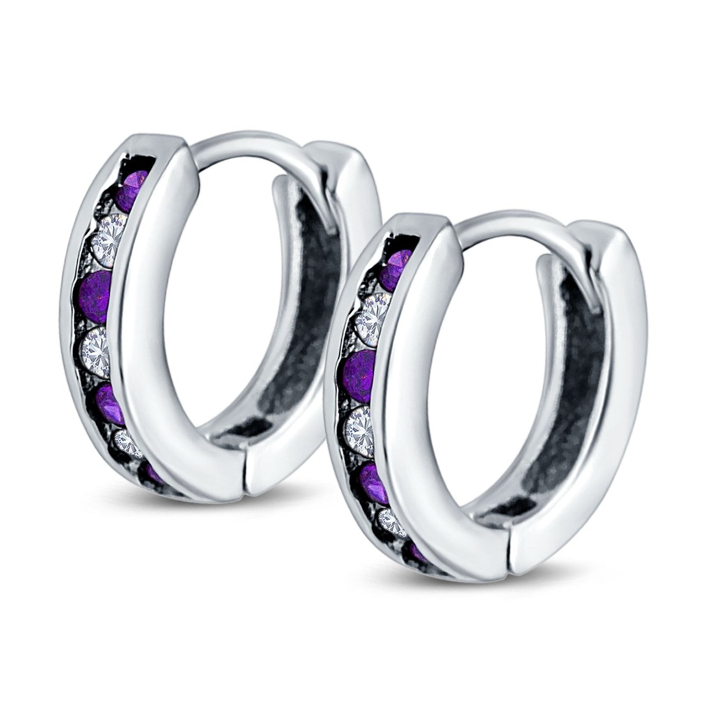 Eternity Huggie Hoop Earrings Channel Round Simulated Amethyst Cubic Zirconia