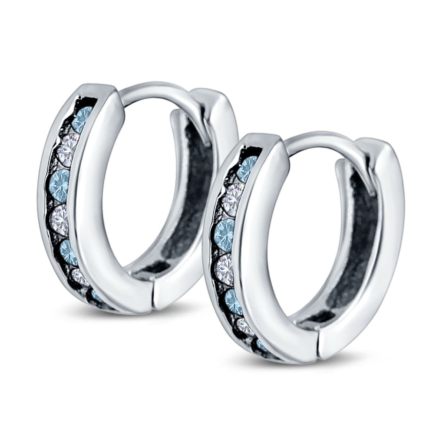 Eternity Huggie Hoop Earrings Channel Round Simulated Aquamarine Cubic Zirconia