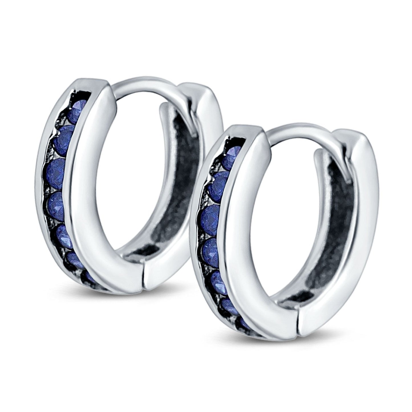 Eternity Huggie Hoop Earrings Channel Round Simulated Blue Sapphire CZ