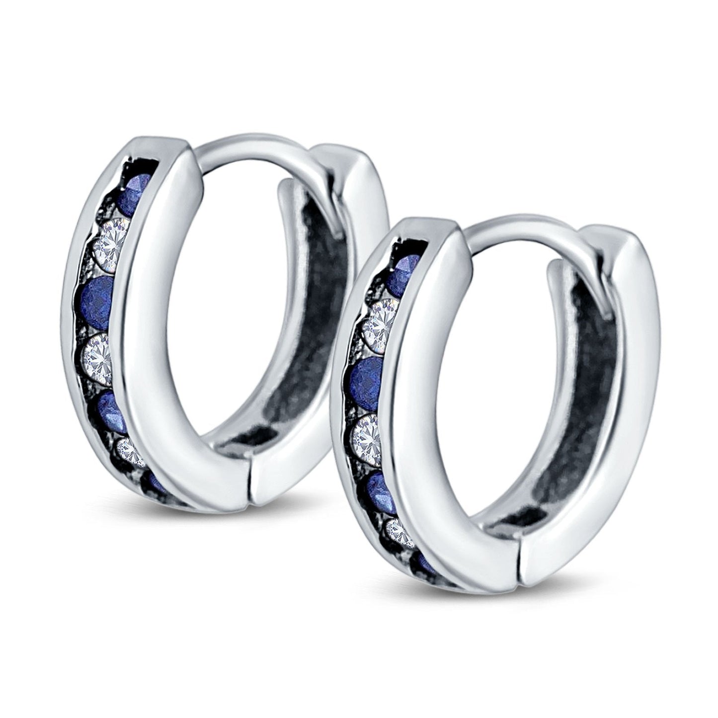 Eternity Huggie Hoop Earrings Channel Round Simulated Blue Sapphire Cubic Zirconia