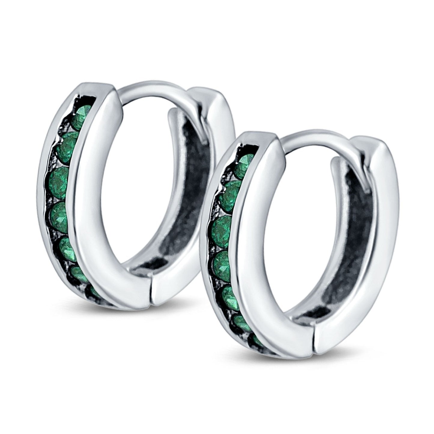 Eternity Huggie Hoop Earrings Channel Round Simulated Green Emerald CZ