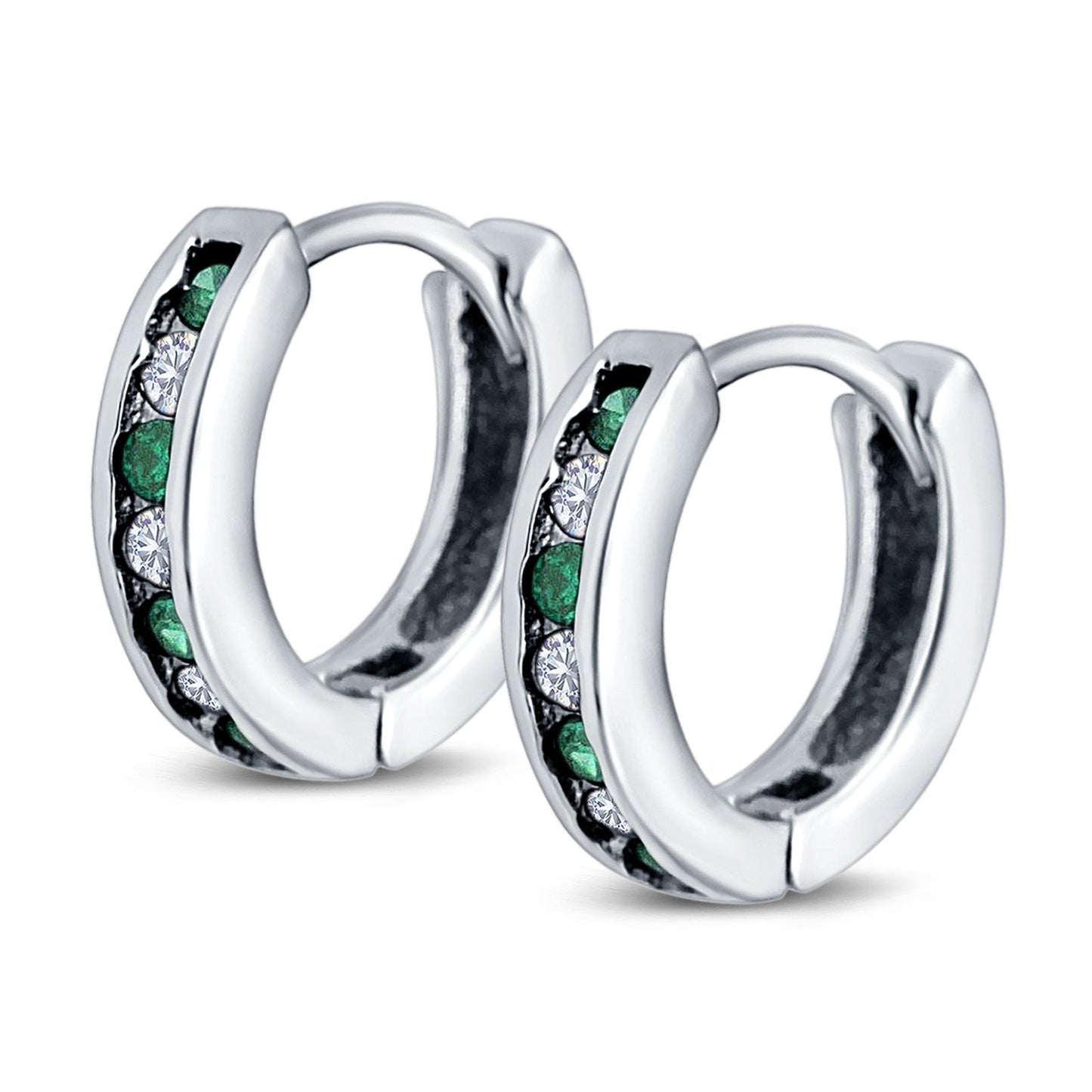 Eternity Huggie Hoop Earrings Channel Round Simulated Green Emerald Cubic Zirconiar