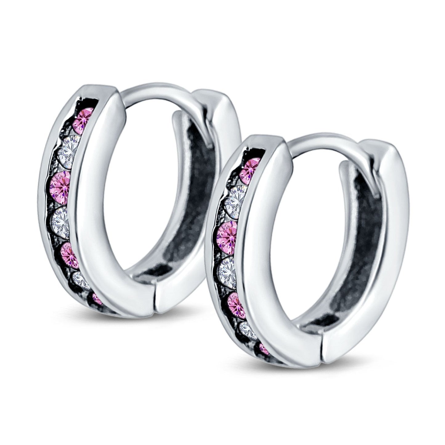 Eternity Huggie Hoop Earrings Channel Round Simulated Pink Cubic Zirconia