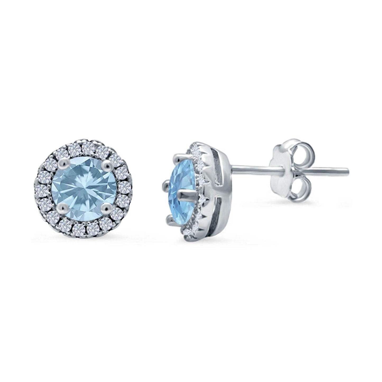 Wedding Stud Earrings Simulated Aquamarine CZ Round