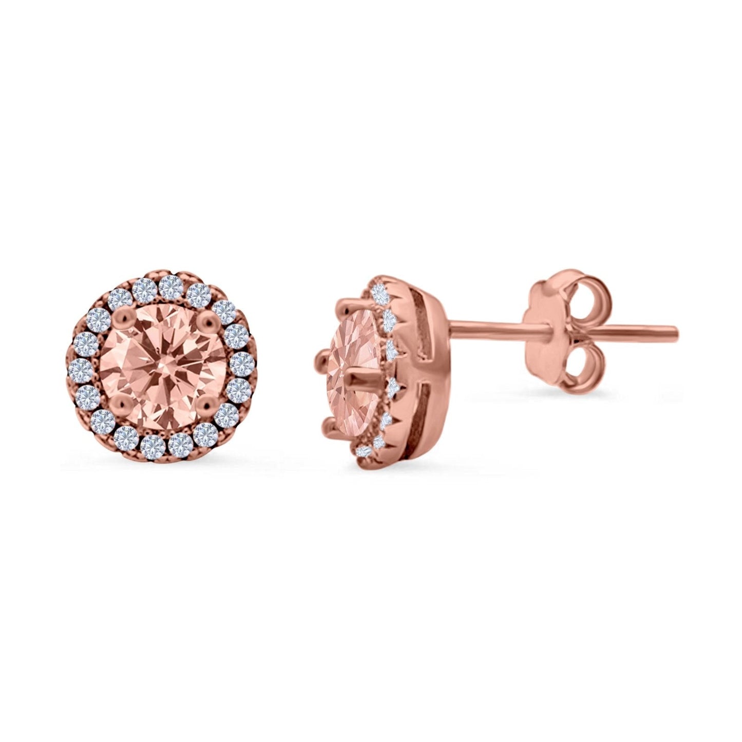 Rose Tone, Simulated Morganite CZ Round Wedding Stud Earrings