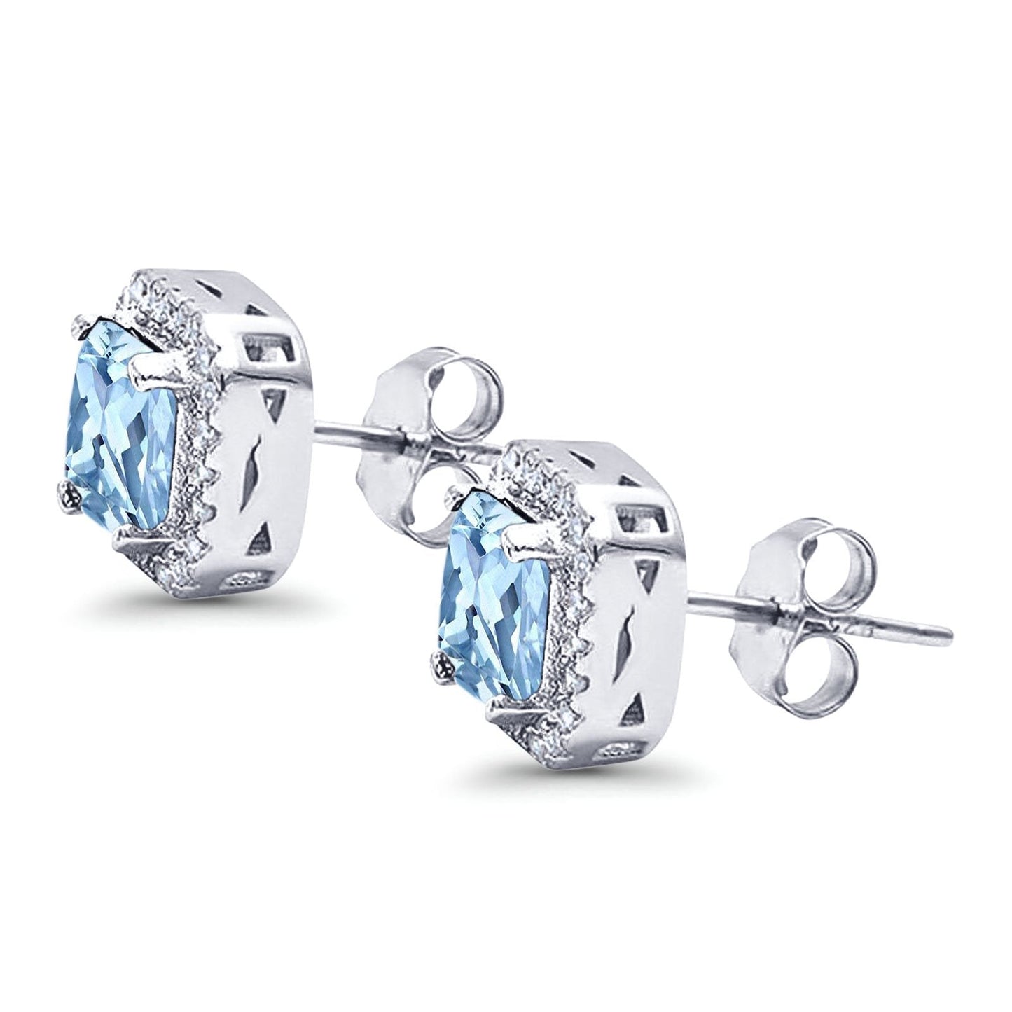 Halo Stud Earrings Wedding Princess Cut Simulated Aquamarine CZ