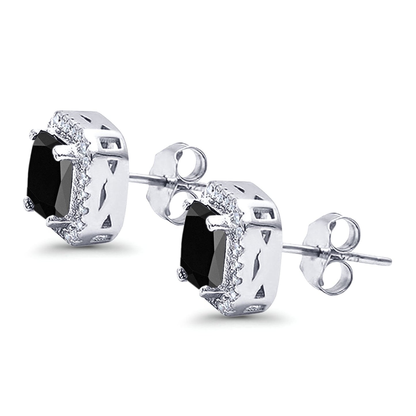 Halo Stud Earrings Wedding Princess Cut Simulated Black CZ