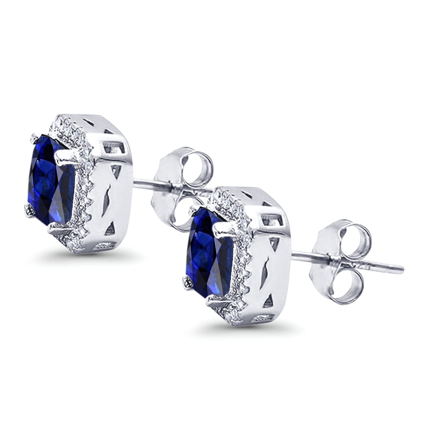 Halo Stud Earrings Wedding Princess Cut Simulated Blue Sapphire CZ