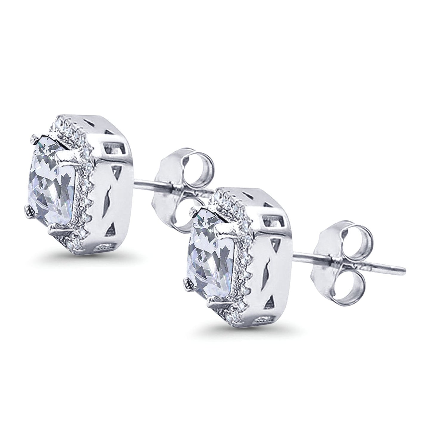 Halo Stud Earrings Wedding Princess Cut Simulated CZ