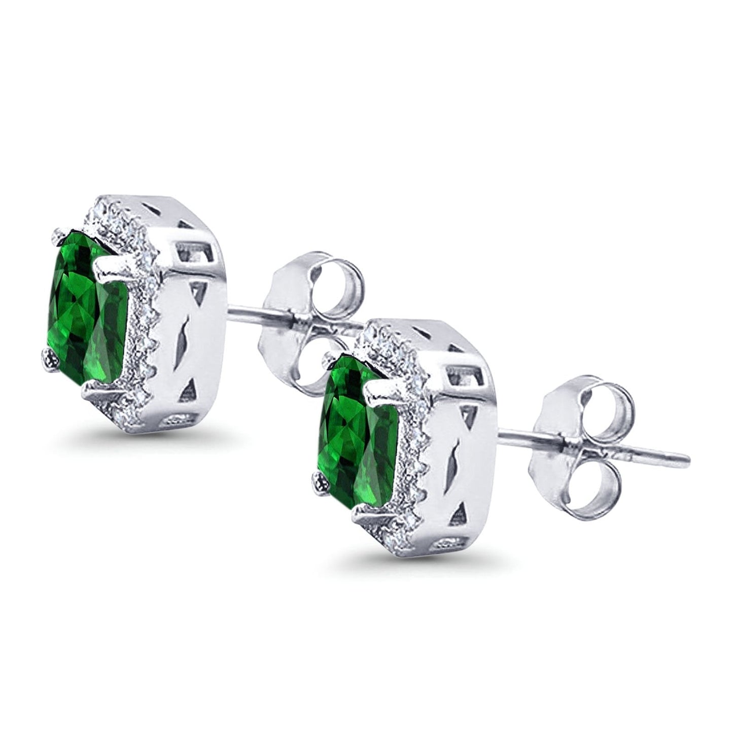 Halo Stud Earrings Wedding Princess Cut Simulated Green Emerald CZ