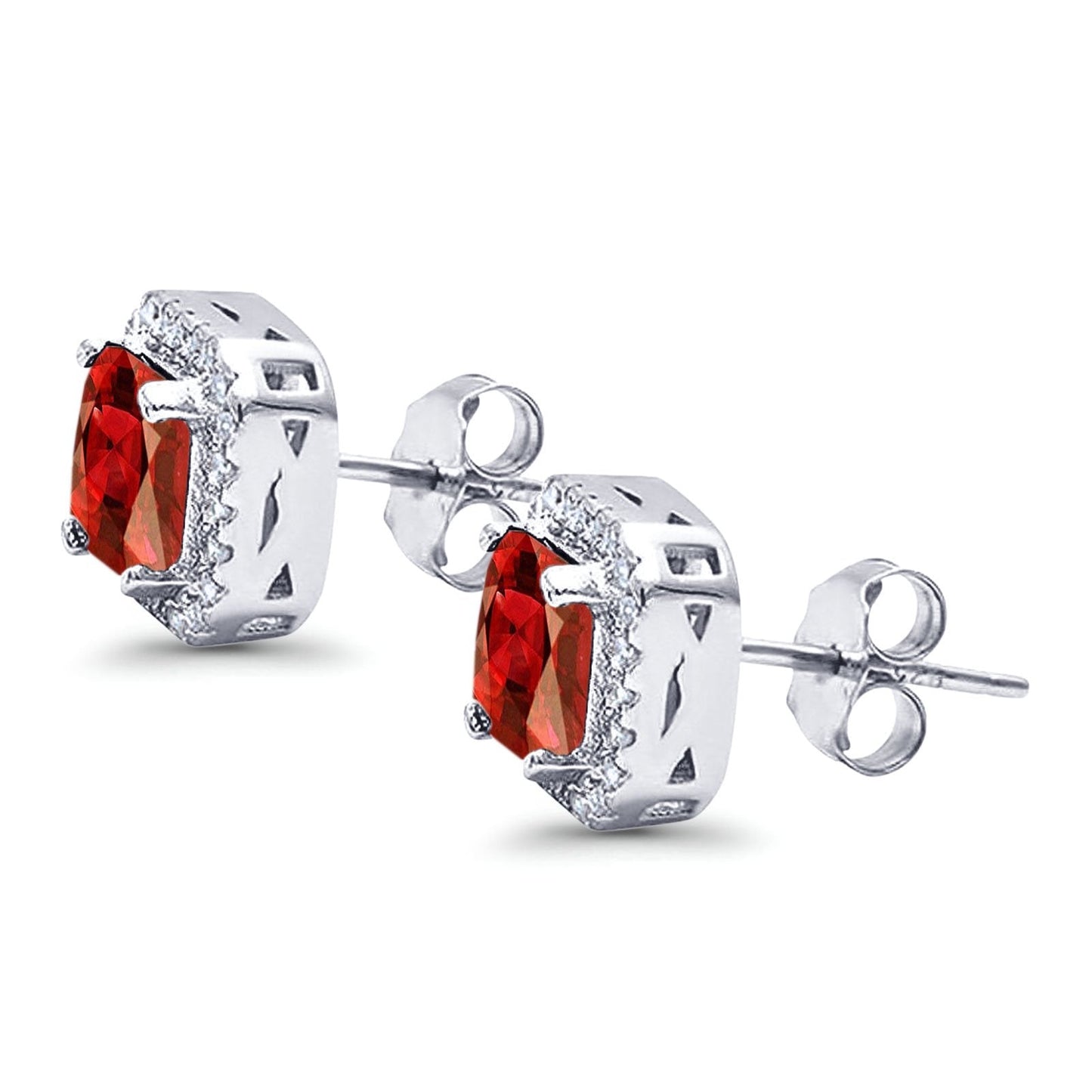 Halo Stud Earrings Wedding Princess Cut Simulated Garnet CZ