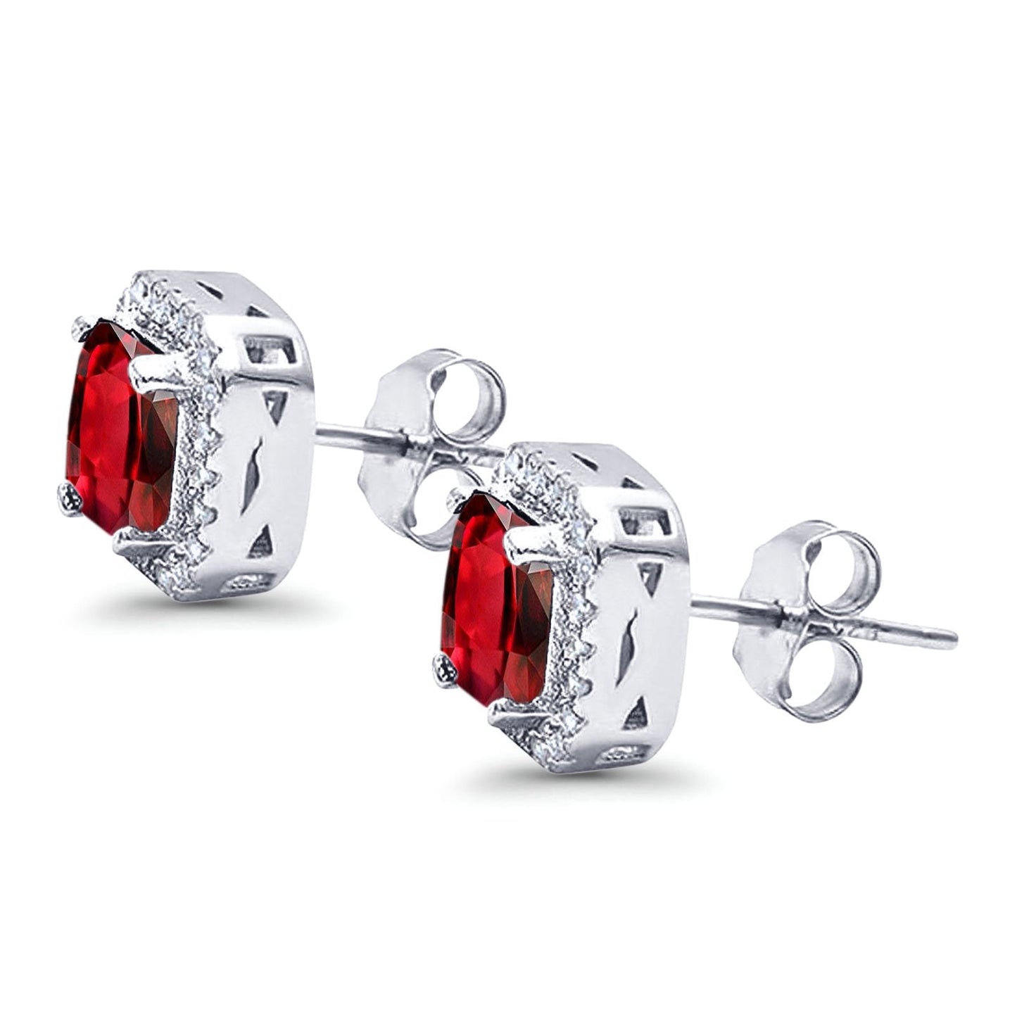 Halo Stud Earrings Wedding Princess Cut Simulated Ruby CZ