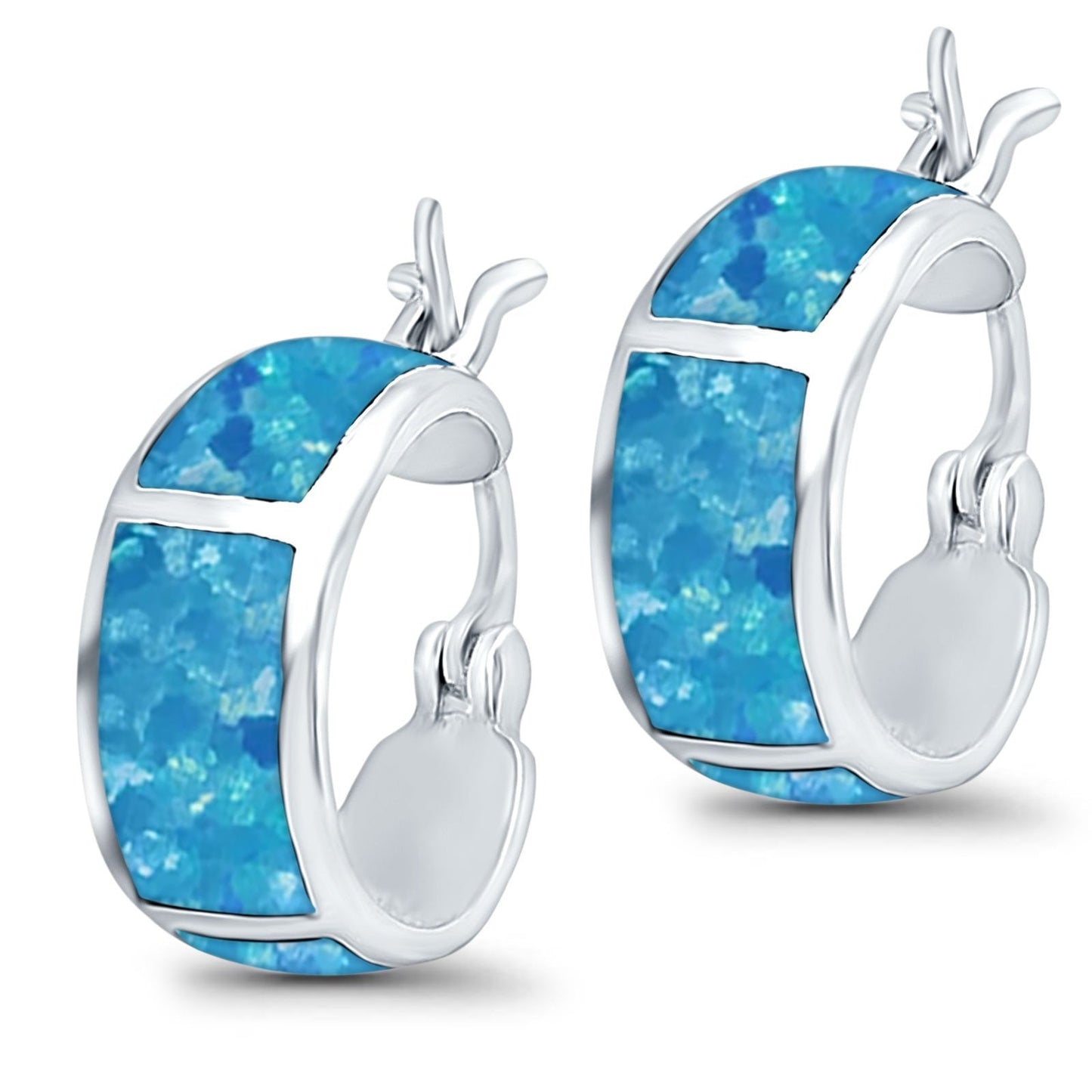 Hoop Huggies Earrings Irregular Shape Lab Created Blue Opal