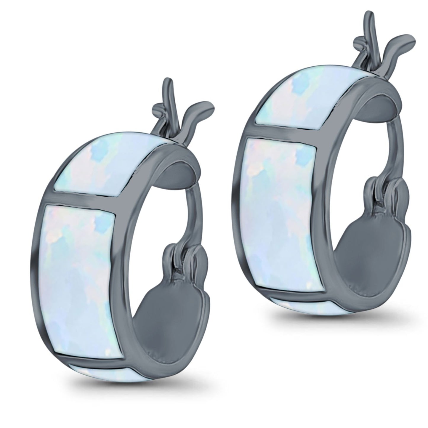 Hoop Huggies Earrings Irregular Shape Black Tone, Lab Created White Opal