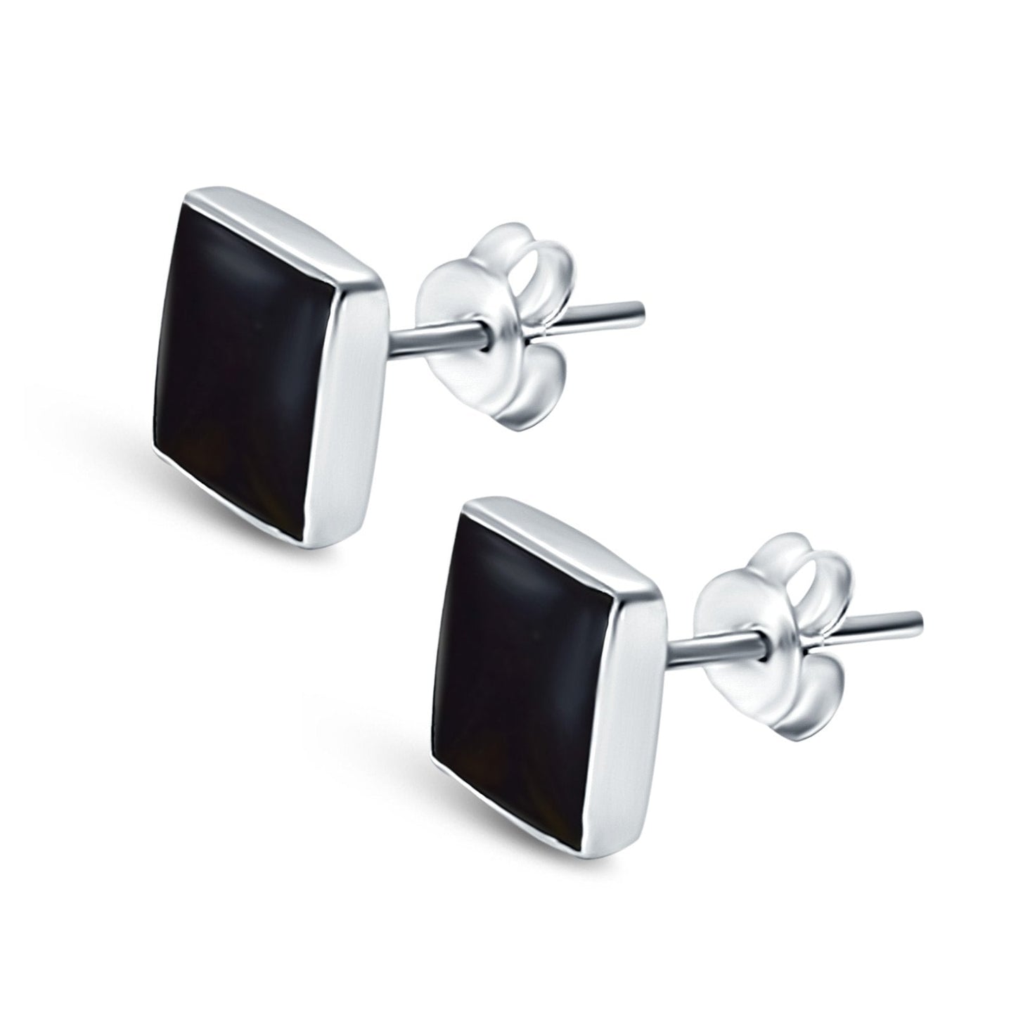 Square Shape Stud Post Tiny Earring Solid Simulated Black Onyx (6mm-8mm)