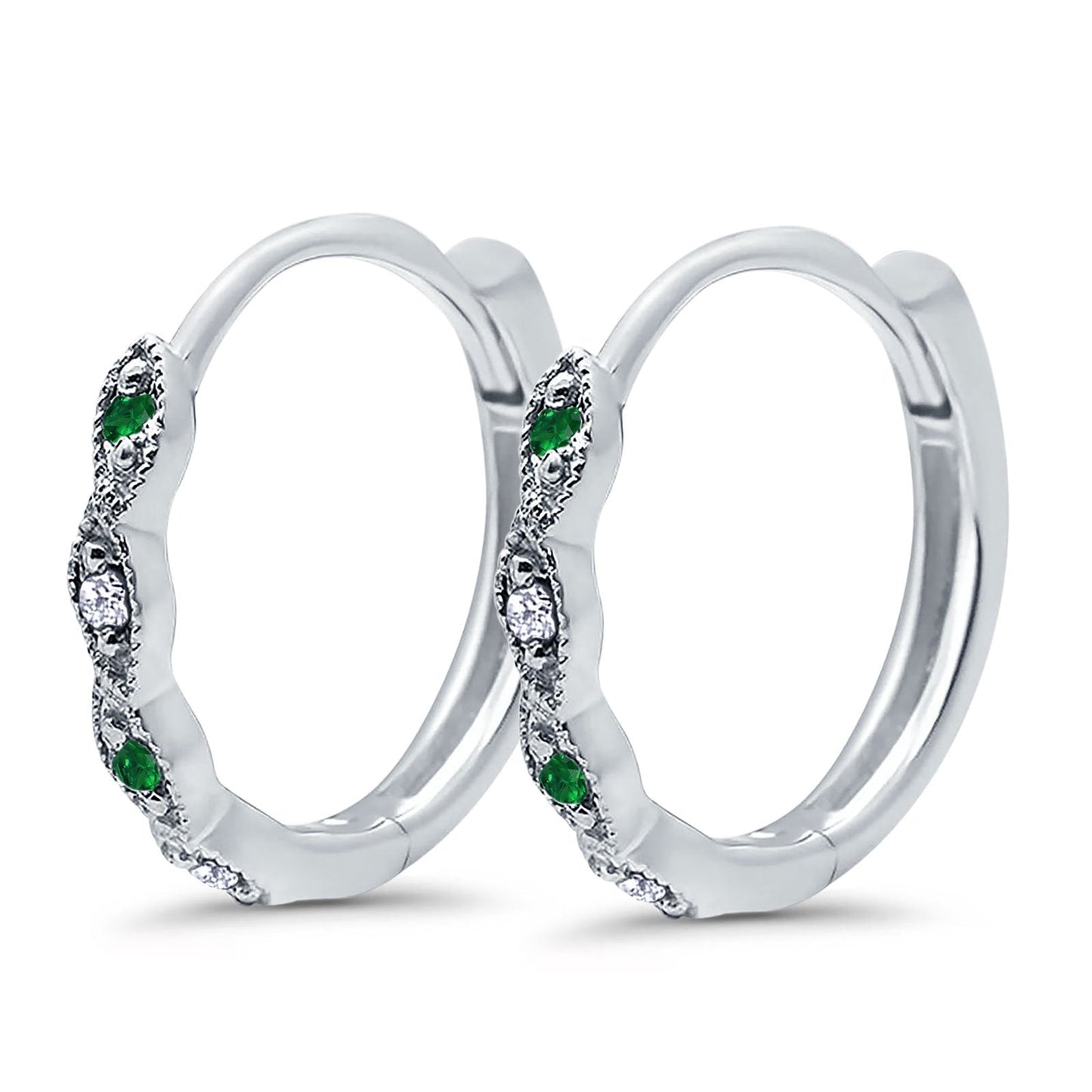 Huggie Hoop Earrings Round Simulated Green Emerald CZ (14mm)