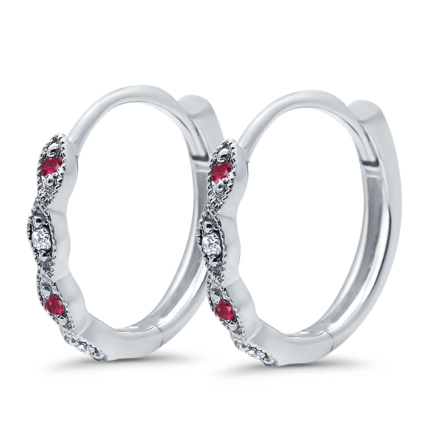 Huggie Hoop Earrings Round Simulated Ruby CZ (14mm)